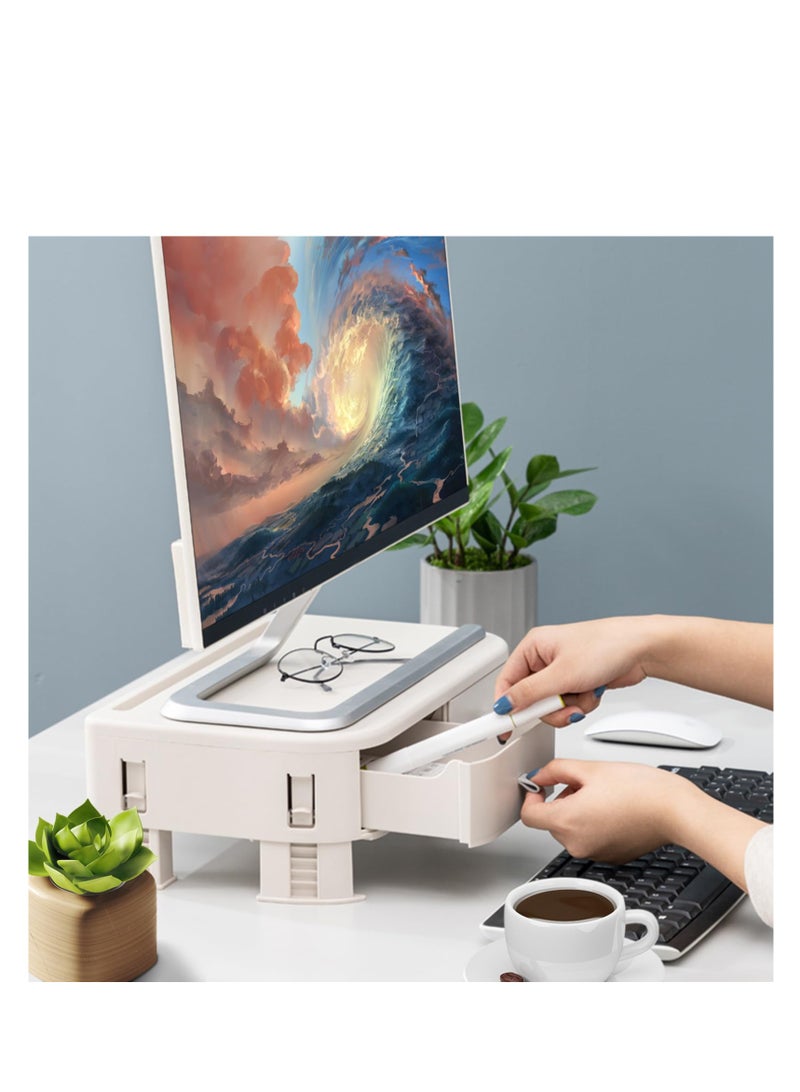 SOLARAE Adjustable Height Monitor Stand with Storage, White Computer Stand for Office Desk Organizers and Accessories, Ideal for Home & Office Use, Tablet Stand with Storage Solutions. - Image 2