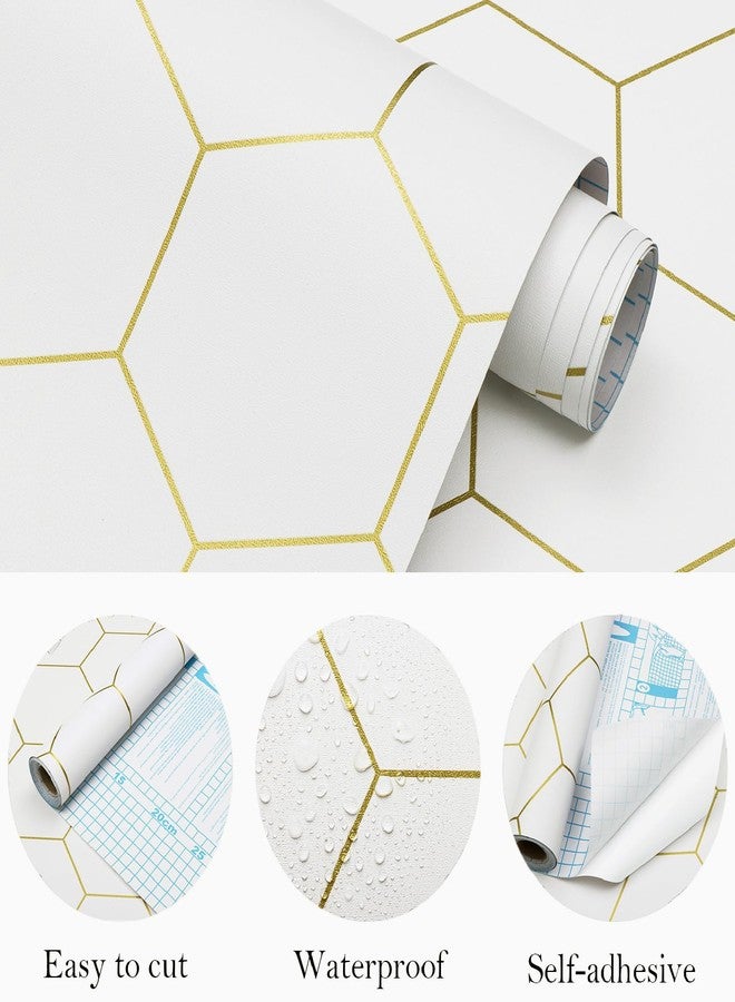 Fiula Gold and White Geometric Wallpaper Peel and Stick Wallpaper Hexagon White Wallpaper 17.3”×78.7”Decorative Shelf Drawer Liner Roll Waterproof - Image 5