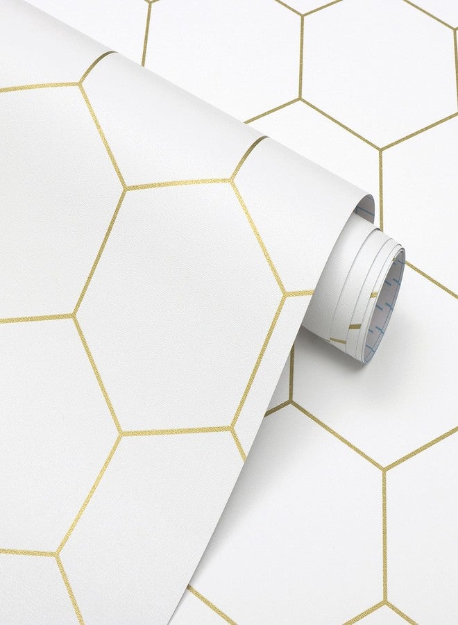 Fiula Gold and White Geometric Wallpaper Peel and Stick Wallpaper Hexagon White Wallpaper 17.3”×78.7”Decorative Shelf Drawer Liner Roll Waterproof - Image 1