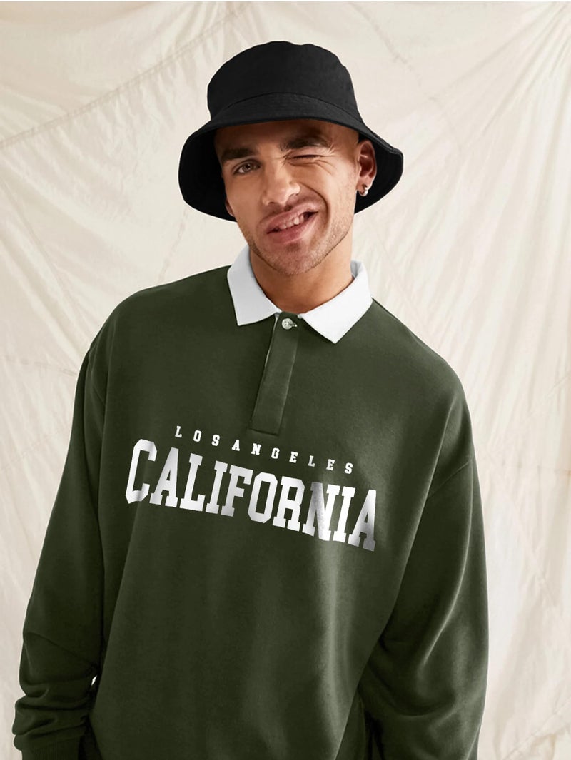 Jump Cuts Mens Printed Polo Neck Full Sleeve Olive Cottonblend Oversized T-Shirt - Image 3