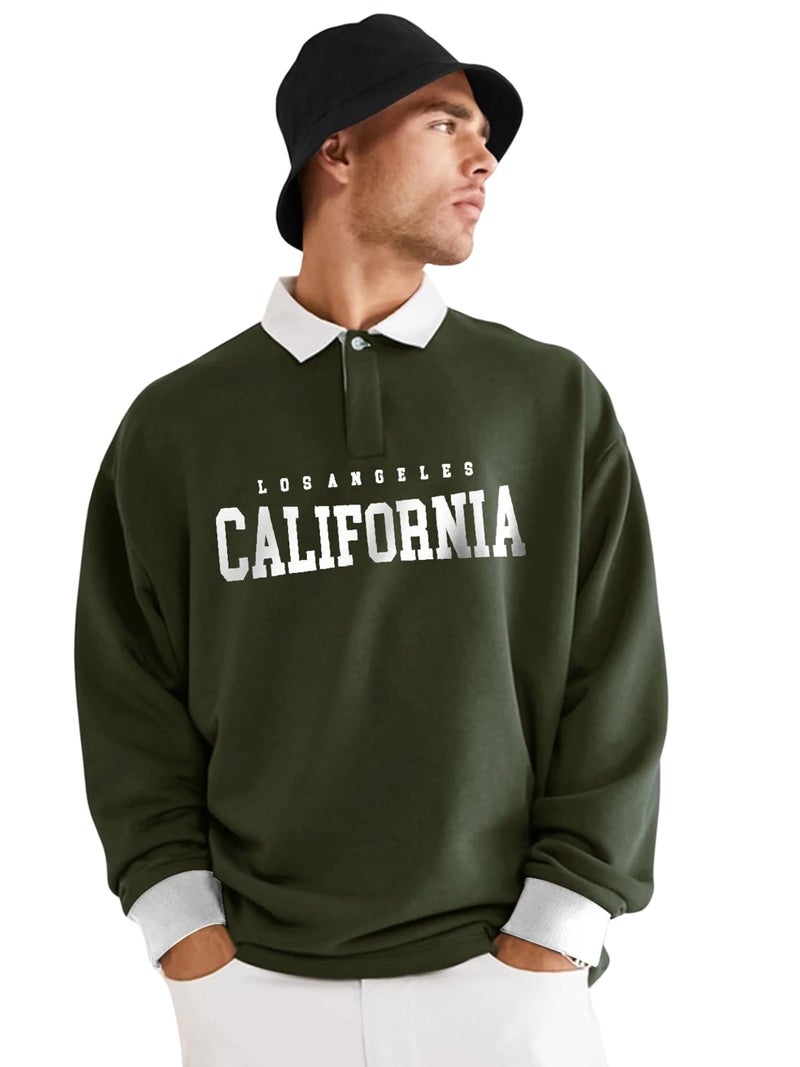 Jump Cuts Mens Printed Polo Neck Full Sleeve Olive Cottonblend Oversized T-Shirt - Image 1