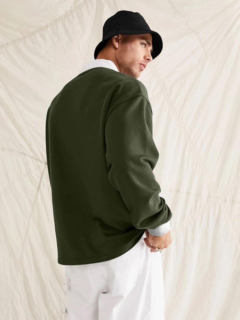Jump Cuts Mens Printed Polo Neck Full Sleeve Olive Cottonblend Oversized T-Shirt - Image 2