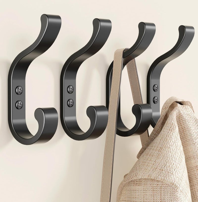 KASTWAVE Wall Mounted Coat Hooks, Strong Metal Hooks for Backpacks, Towels, Coats, Purses, Clothes, Good for Mudroom, Bathroom, Entryway, Door, Holds Up to 30 lbs (Black, 4 PCS) - Image 1