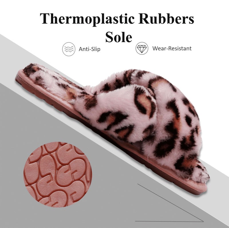 Crazy Lady Women's Fuzzy Fluffy House Slippers Cute Plush Memory Foam Shoes Cross Band Indoor Outdoor Open Toe Sandals(06/Pink,Leopard 8.5-9.5) - Image 3