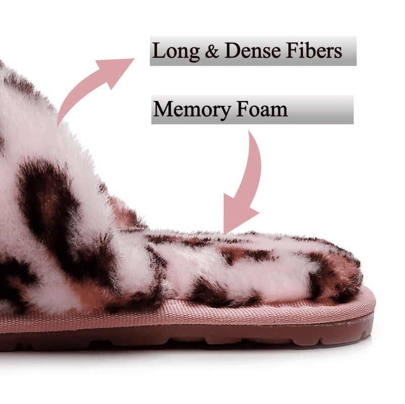 Crazy Lady Women's Fuzzy Fluffy House Slippers Cute Plush Memory Foam Shoes Cross Band Indoor Outdoor Open Toe Sandals(06/Pink,Leopard 8.5-9.5) - Image 4