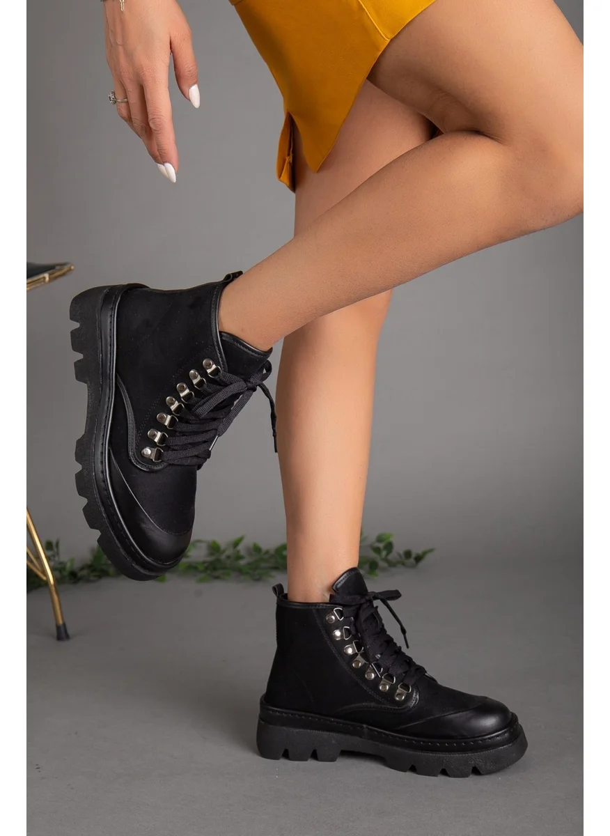 Dilimler Ayakkabı Slices Shoes Leather and Suede Detailed Lace-up Black Women's Boots