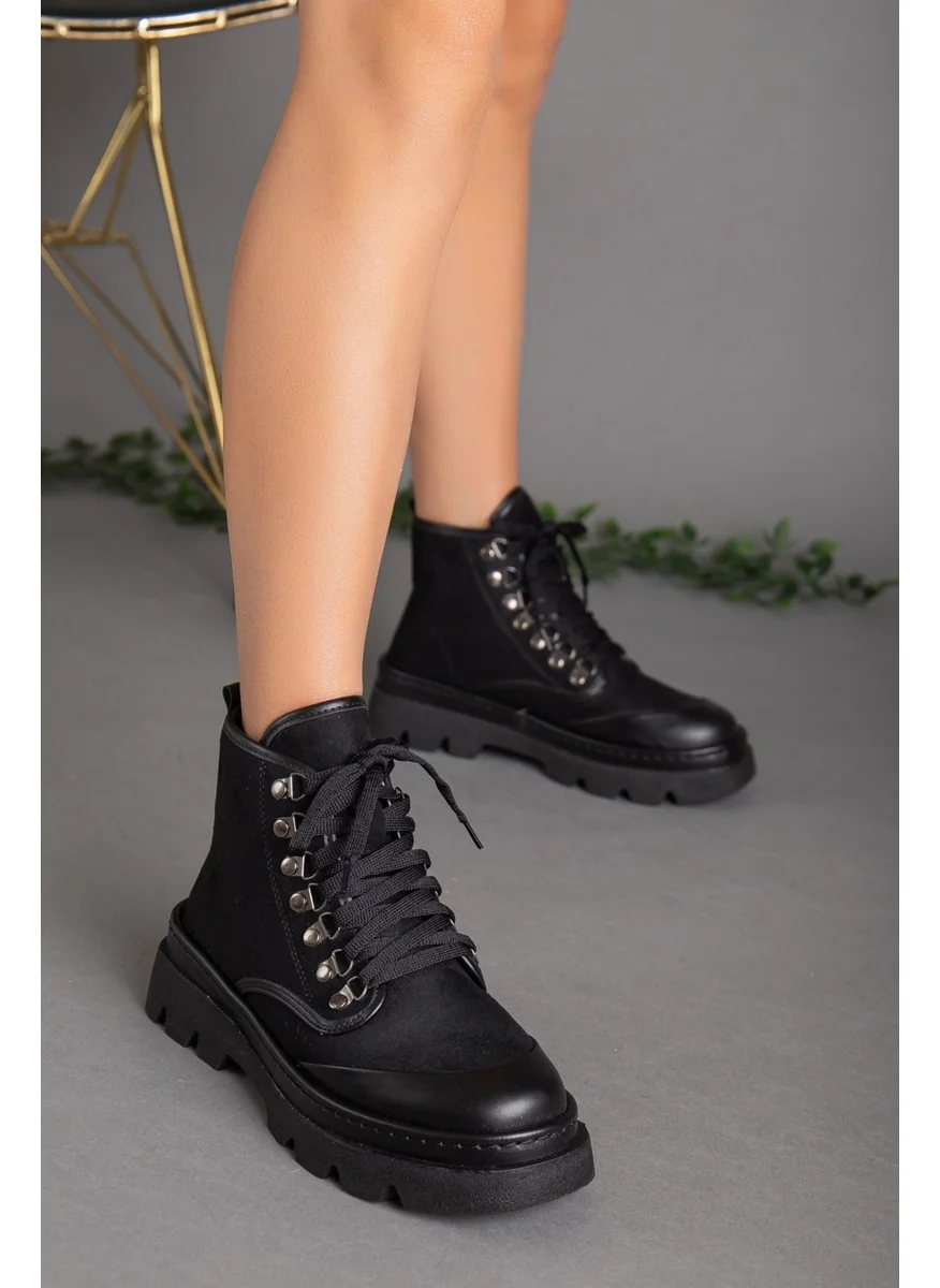 Dilimler Ayakkabı Slices Shoes Leather and Suede Detailed Lace-up Black Women's Boots
