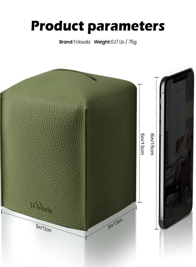Tclouda Tissue Box Cover for PU Leather, Modern Simple Solid Color Holder Square Tissue Bag, Ideal for Bathrooms,Office,Car,Nightstand,Outdoor Tent,Dining Table,5"X5"X5", Single Green - Image 2