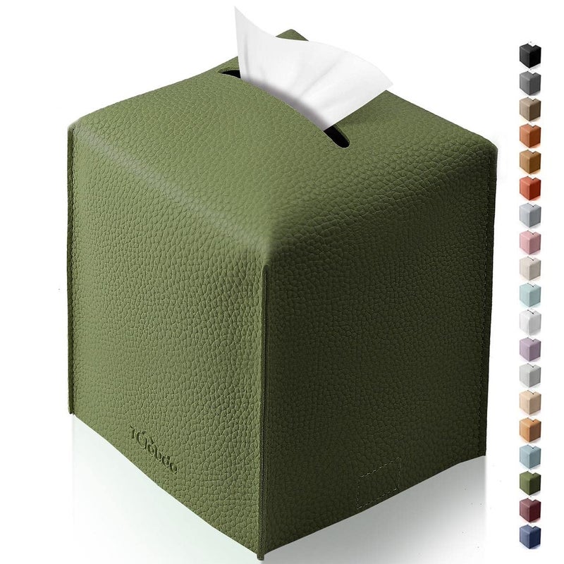 Tclouda Tissue Box Cover for PU Leather, Modern Simple Solid Color Holder Square Tissue Bag, Ideal for Bathrooms,Office,Car,Nightstand,Outdoor Tent,Dining Table,5"X5"X5", Single Green - Image 1