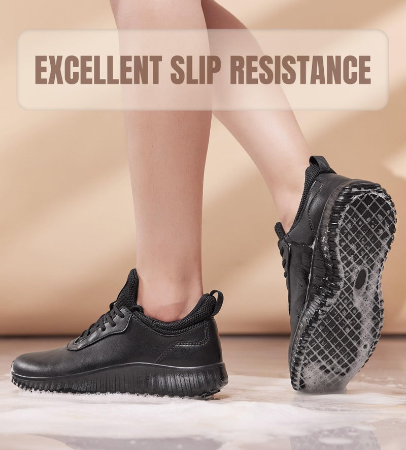 SHULOOK Non Slip Work Shoes for Women Food Service Water Resistant Sneakers Waterproof Kitchen Chef Restaurant Lace Up Walking Lightweight Comfortable Nursing Working Footwear Black Size 9.5 - Image 2