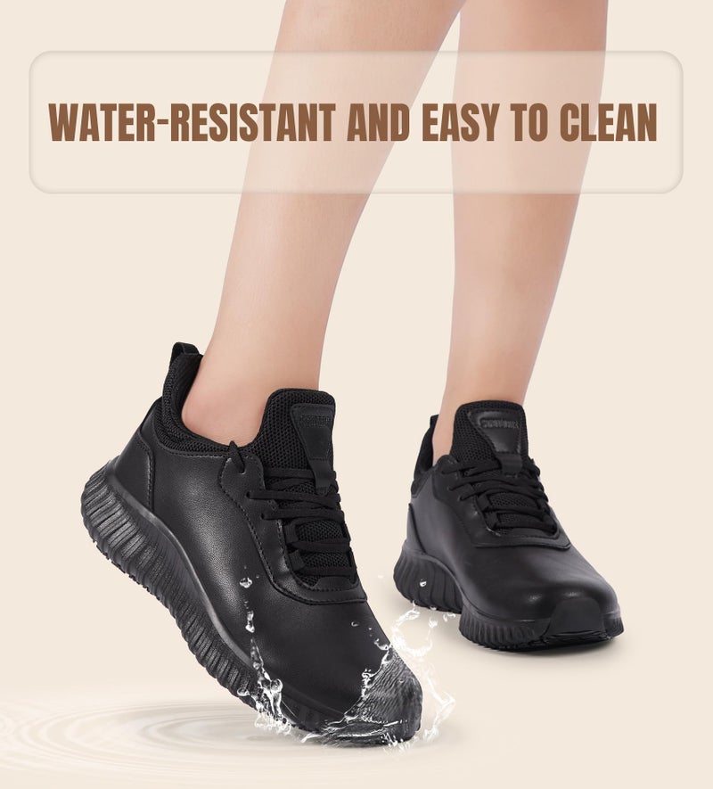 SHULOOK Non Slip Work Shoes for Women Food Service Water Resistant Sneakers Waterproof Kitchen Chef Restaurant Lace Up Walking Lightweight Comfortable Nursing Working Footwear Black Size 9.5 - Image 3