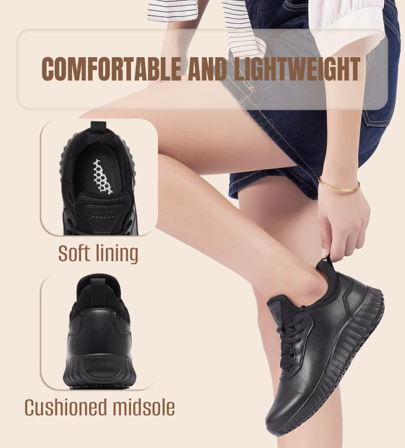 SHULOOK Non Slip Work Shoes for Women Food Service Water Resistant Sneakers Waterproof Kitchen Chef Restaurant Lace Up Walking Lightweight Comfortable Nursing Working Footwear Black Size 9.5 - Image 4