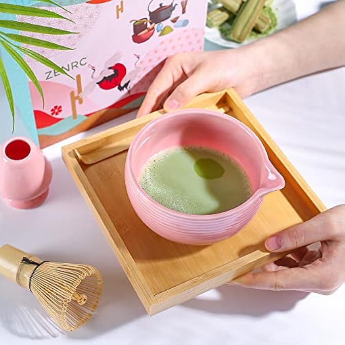 ZENRC Traditional Matcha Bowl With Pouring Spout And Whisk Holder Reshaper  Handmade Japanese Style Matcha Chasen Ritual Kit 22Oz Big Salad Porridge Juice Bowl Chawan Baby Pink - Image 2
