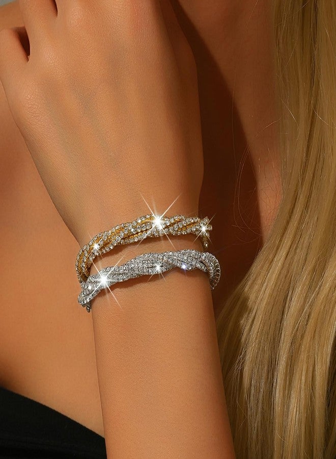 MIFYNN Rhinestone Bracelet for Women Elegant Crystal Stretch Bracelet Sparkling Cubic Zirconia Bracelets Prom Party Wedding Bangles Jewelry for Women (Gold+Silver) - Image 2