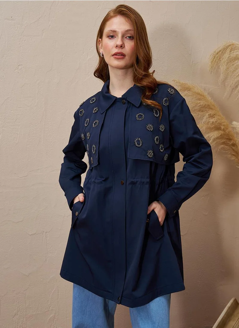 Kayra Embroidered Waist Gathered Cape Dark Navy
