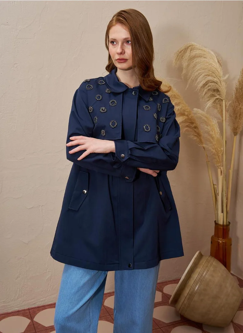 Kayra Embroidered Waist Gathered Cape Dark Navy