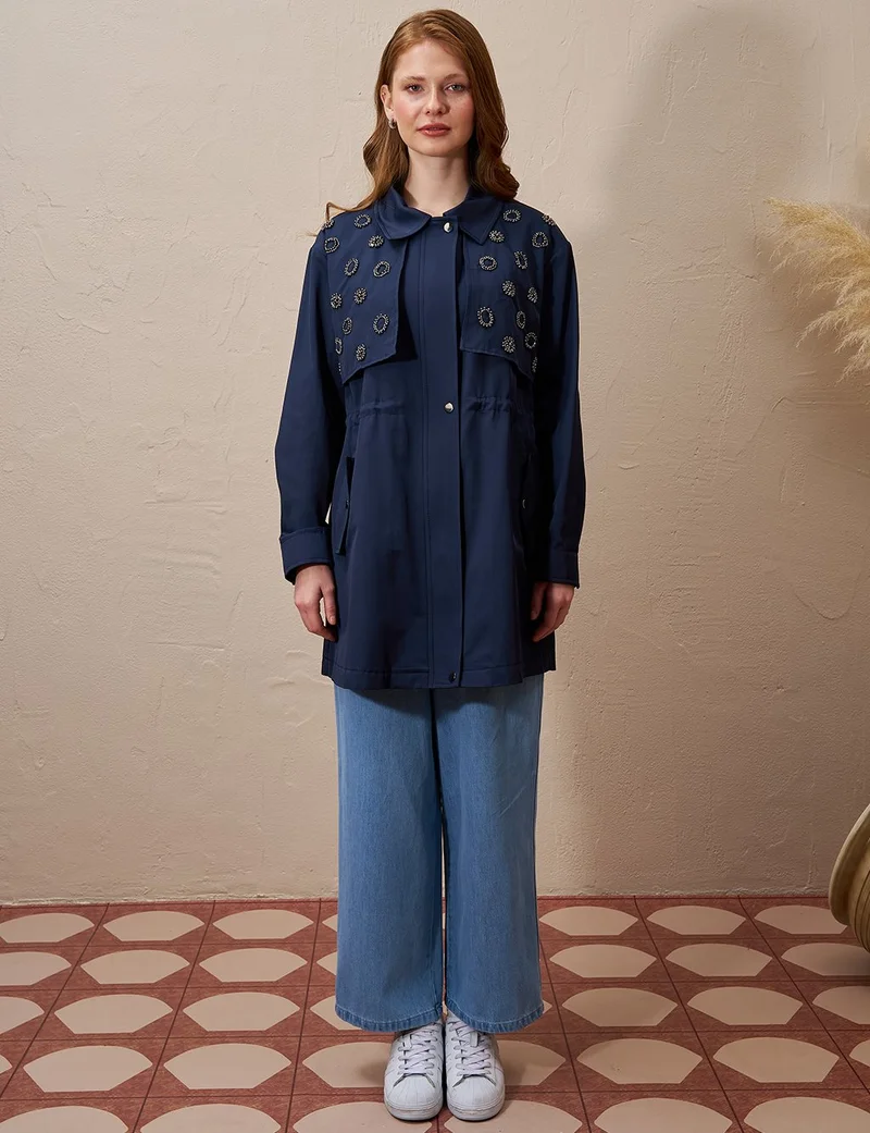 Kayra Embroidered Waist Gathered Cape Dark Navy