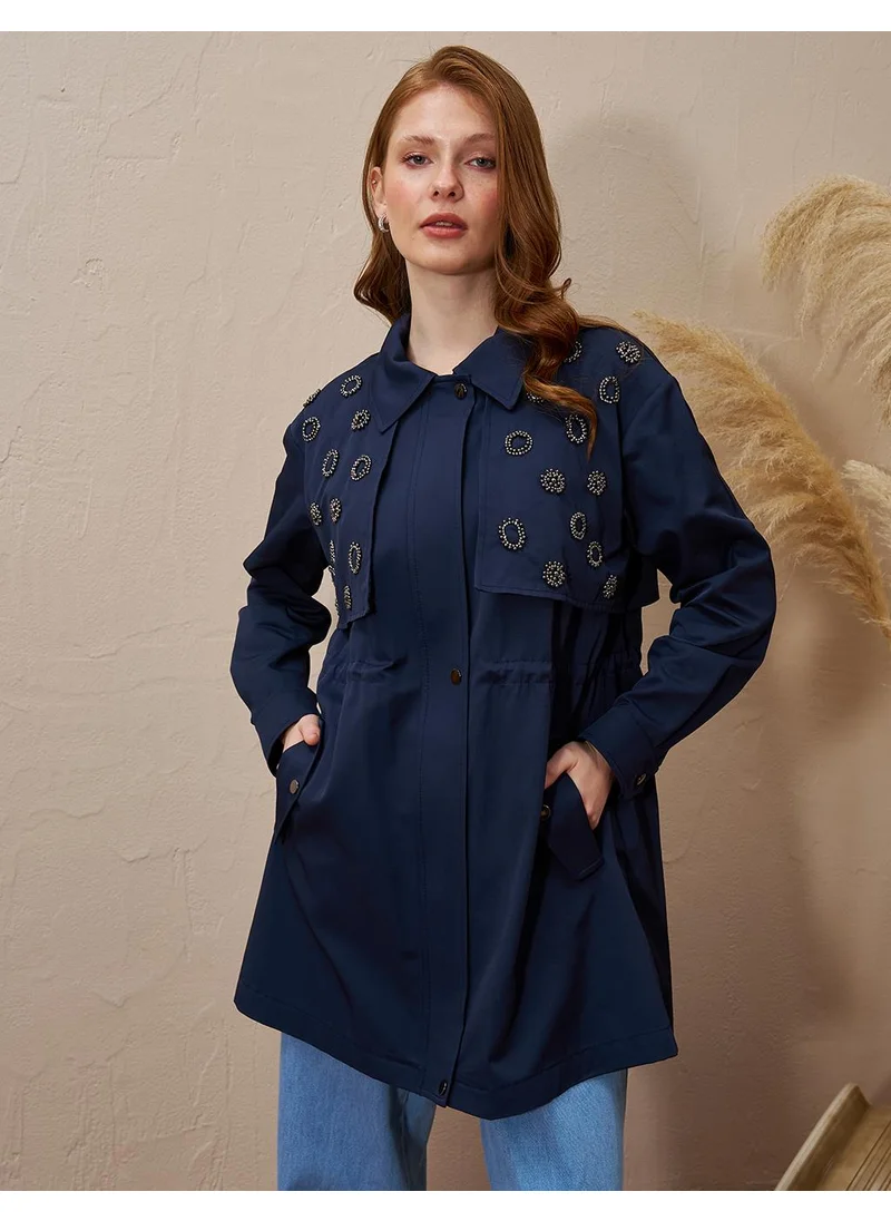 Kayra Embroidered Waist Gathered Cape Dark Navy