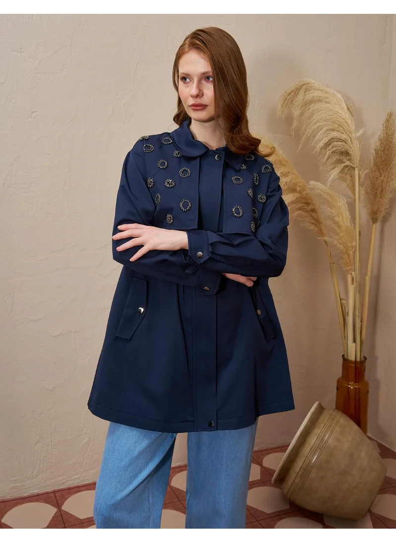 Kayra Embroidered Waist Gathered Cape Dark Navy