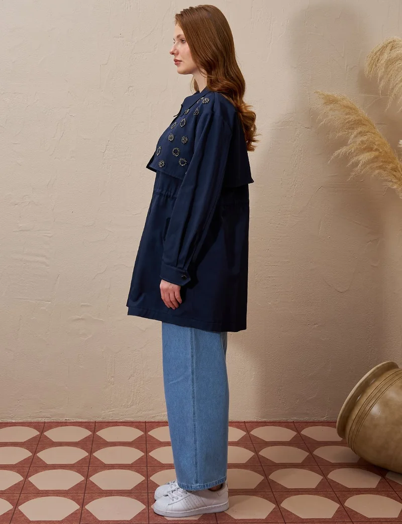 Kayra Embroidered Waist Gathered Cape Dark Navy