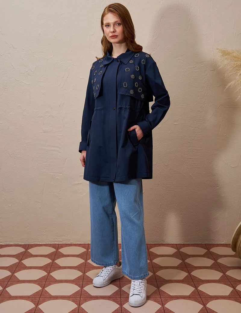 Kayra Embroidered Waist Gathered Cape Dark Navy