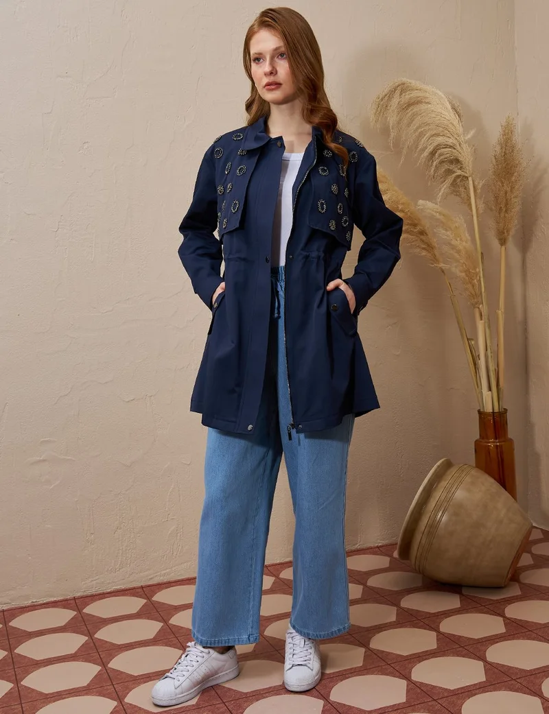 Kayra Embroidered Waist Gathered Cape Dark Navy