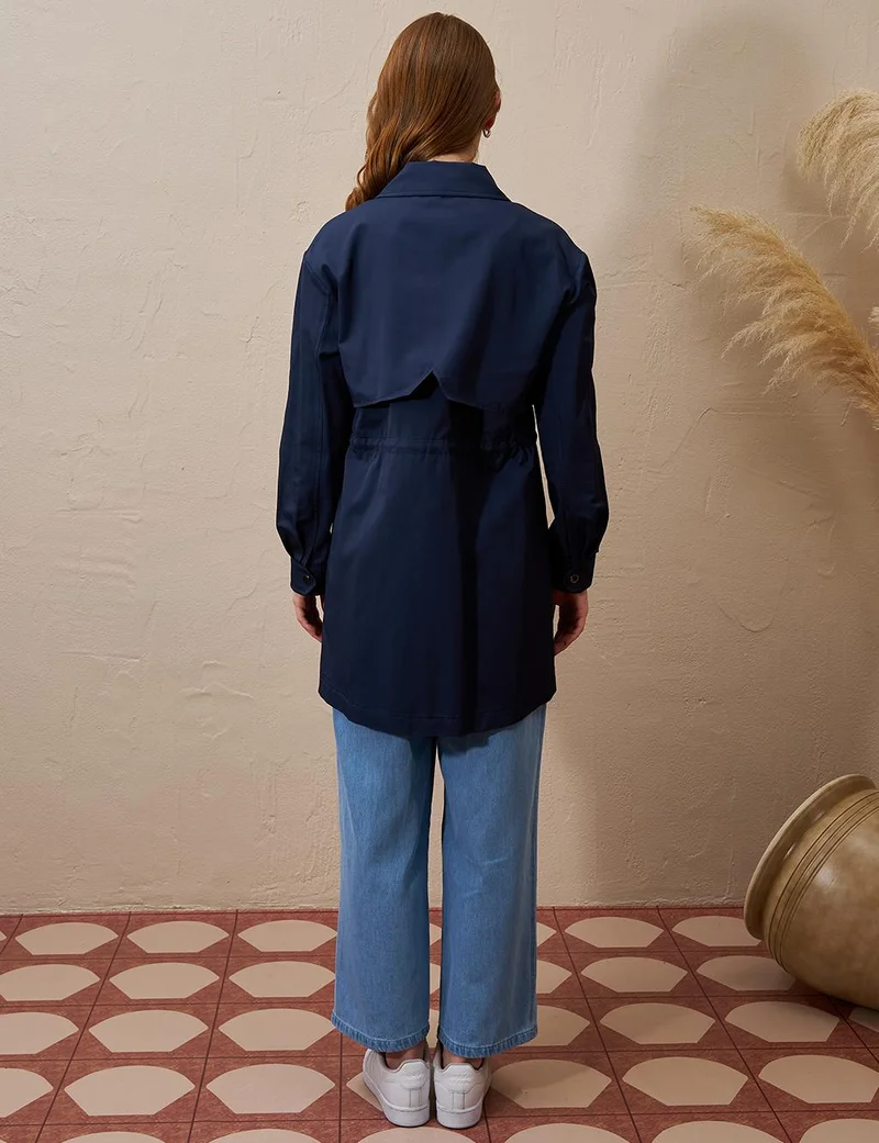Kayra Embroidered Waist Gathered Cape Dark Navy