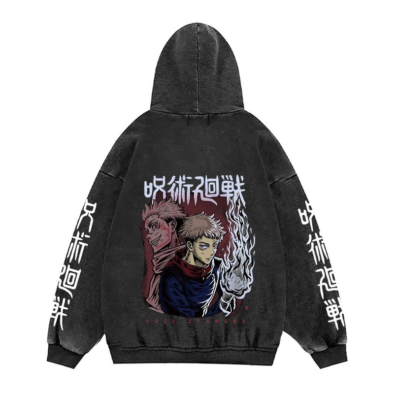 440g Heavy Washed Old Jujutsu Kaisen Printed Street Retro Sweatshirt Street Tide Hat Sweatshirt 9 retro black (back map)
