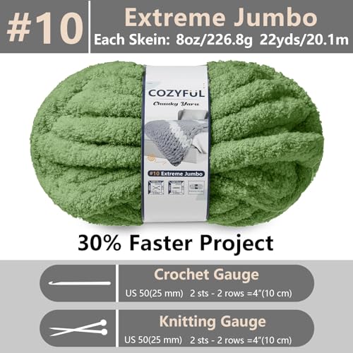 Cozyful Chunky Yarn for Hand Knitting - #10 Chunky Chenille Yarn, Jumbo Big Thick Chunky Yarns for Crocheting, Super Bulky Chunky Knit Blanket Yarns, 8 Skein (22 yds 8 oz Each Skein), Smoky Green - Image 2
