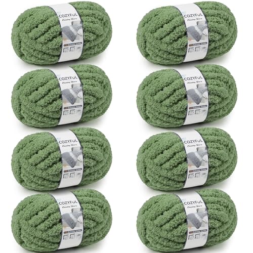 Cozyful Chunky Yarn for Hand Knitting - #10 Chunky Chenille Yarn, Jumbo Big Thick Chunky Yarns for Crocheting, Super Bulky Chunky Knit Blanket Yarns, 8 Skein (22 yds 8 oz Each Skein), Smoky Green - Image 1