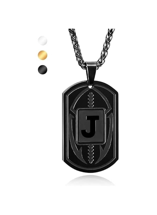 Father's Day Gifts-Football Initial Necklace for Men Boys Kids Teen Dog Tag Stainless Steel Sliver/Black/Gold Letter Pendant Sport Football Athletes Jewelry Graduation Gifts for Him Kids Boys Men Teens Boyfriend Husband Dad - Image 1