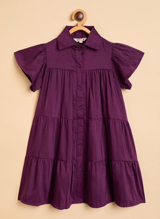 Stylo Bug Girls Solid Shirt Collar Short Sleeves A-Line Dress - Image 1
