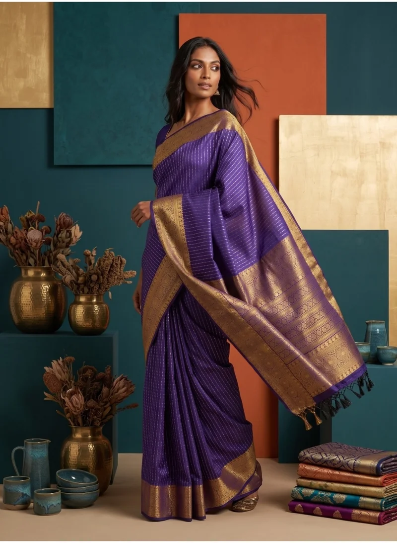 نول ساري إندرا بلو الكانشيبورام الحريري مع قماش بلوزة غير مخيط