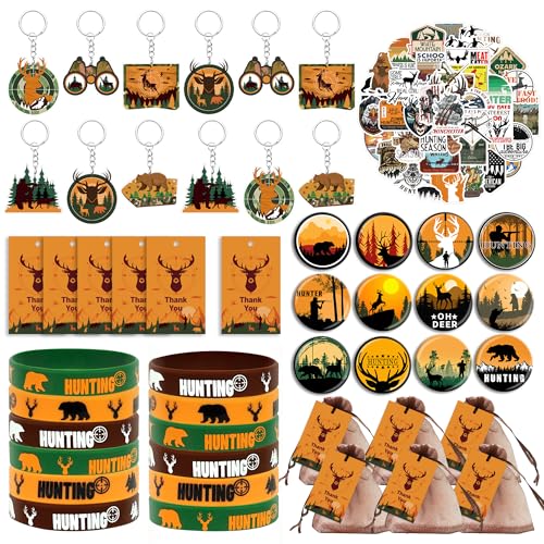 Tazimi 110 PCS Hunting Party Favors Hunting Birthday Party Supplies Camo Party Favors with Hunting Keychains Stickers Rubber Bracelets Button Pins and Bags for Hunting Theme Party - Image 1