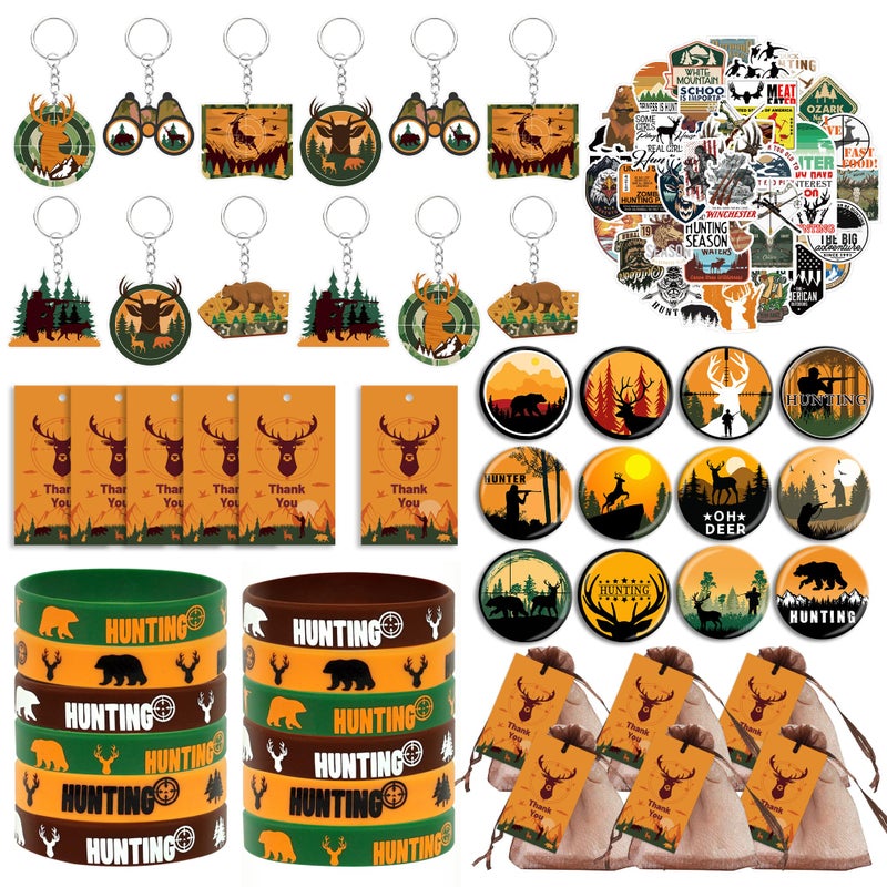 Tazimi 110 PCS Hunting Party Favors Hunting Birthday Party Supplies Camo Party Favors with Hunting Keychains Stickers Rubber Bracelets Button Pins and Bags for Hunting Theme Party - Image 3