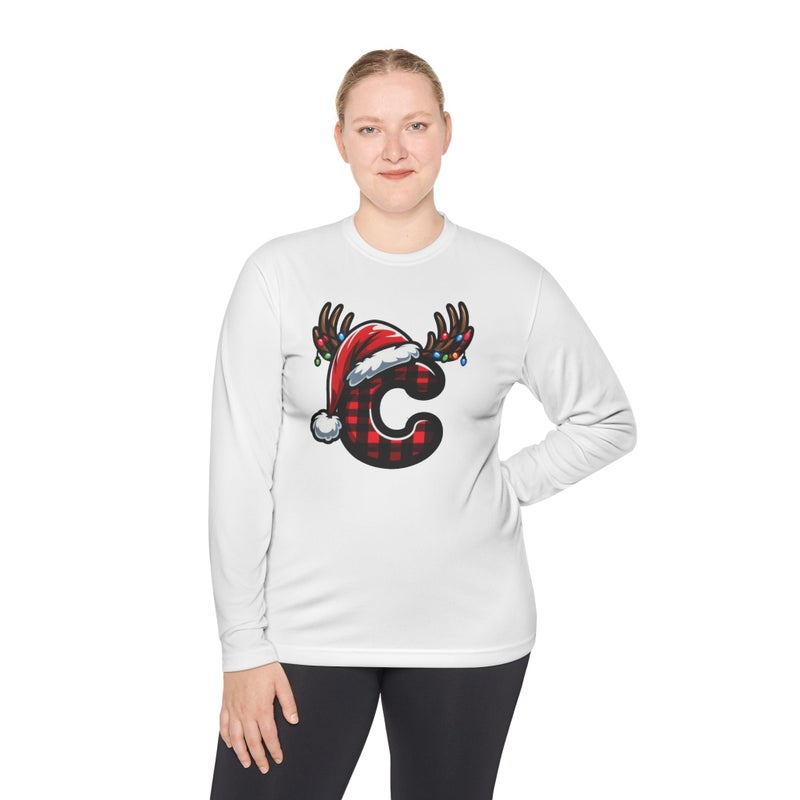 Christmas design with the first letter of name Merry Christmas Festive HolidayT-Shirt White Long Sleeve T-Shirt C Birthday Hat Tee-49 (White, X Large) - Image 1