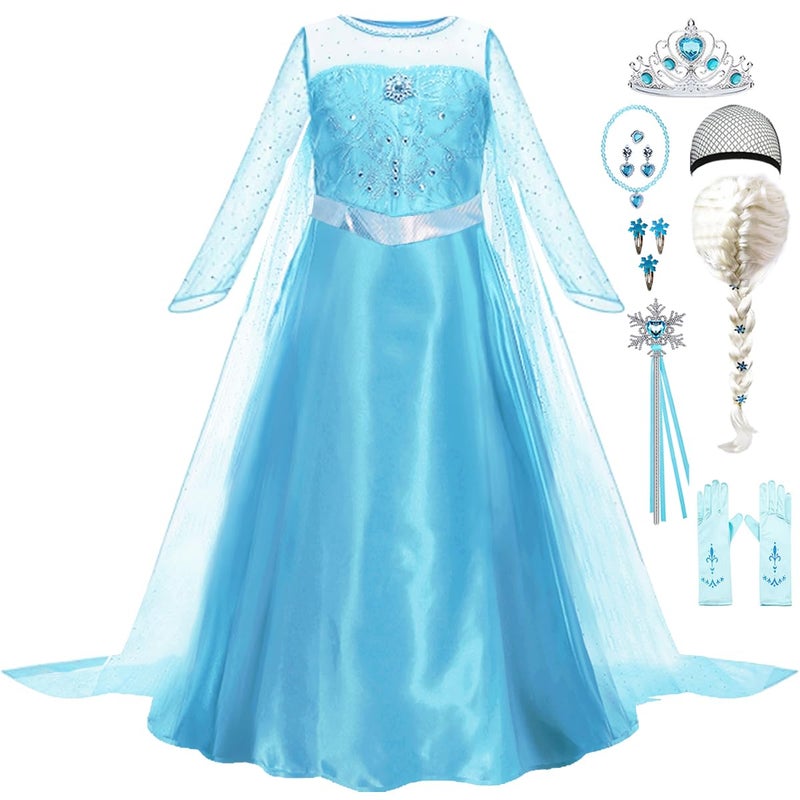Luzlen Elsa Dress for Girls Toddler Snow Princess Costume Blue with Wig Halloween Birthday Party Dress Up Outfits, 5-6Y(Tag 130) - Image 1