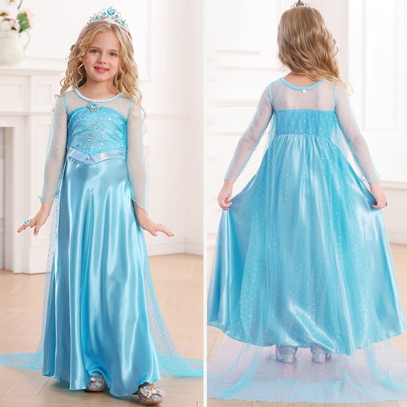 Luzlen Elsa Dress for Girls Toddler Snow Princess Costume Blue with Wig Halloween Birthday Party Dress Up Outfits, 5-6Y(Tag 130) - Image 4