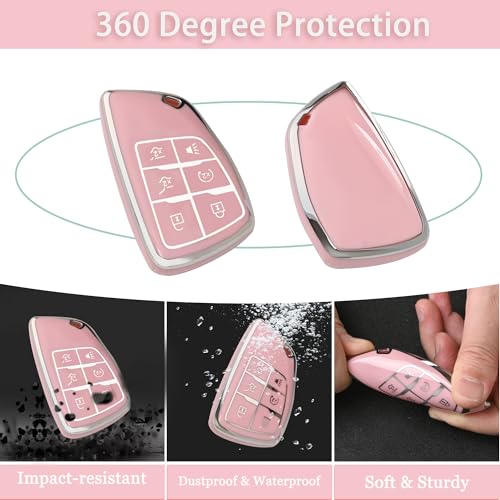 JAMCARI for Chevy Key Fob Cover - Soft TPU Protection Case with Keychain for 2021-2025 Chevy Suburban Tahoe GMC Yukon Denali Silverado Buick Enclave Smart Remote Key Shell （6 Buttons Pink） - Image 3