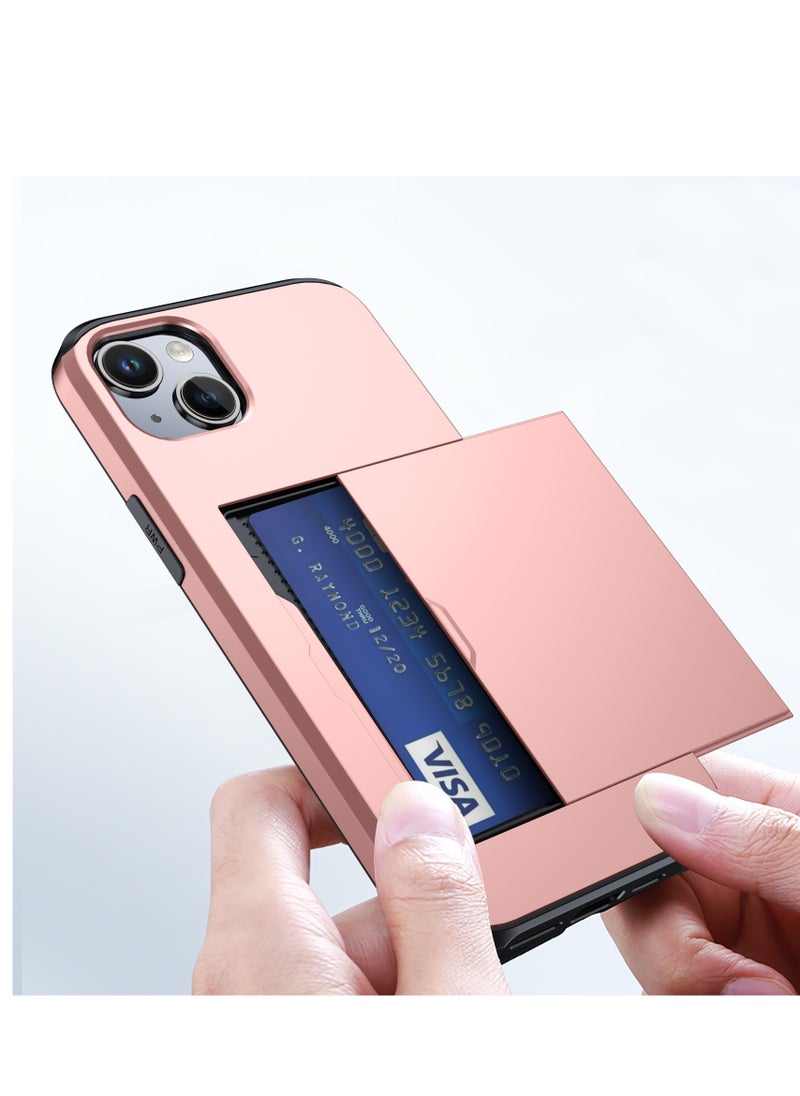 iPhone 15 Plus Case With Card Holder Heavy Duty Dual Layer Hidden Card Slot Slim Wallet Case Rose Gold
