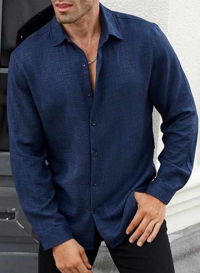 Take Two Dark Blue Plain Long-Sleeve Casual Shirt - Image 5