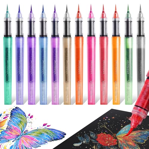miikoul 12 Colors Glitter Brush Markers Pen Fine Tip for Both Precision Detailing Broad Coverage,Sparkly Pens for Drawing,Birthday Greeting Cards Crafts Scrapbooking DIY Projects on Paper - Image 1