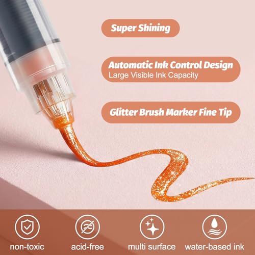 miikoul 12 Colors Glitter Brush Markers Pen Fine Tip for Both Precision Detailing Broad Coverage,Sparkly Pens for Drawing,Birthday Greeting Cards Crafts Scrapbooking DIY Projects on Paper - Image 4