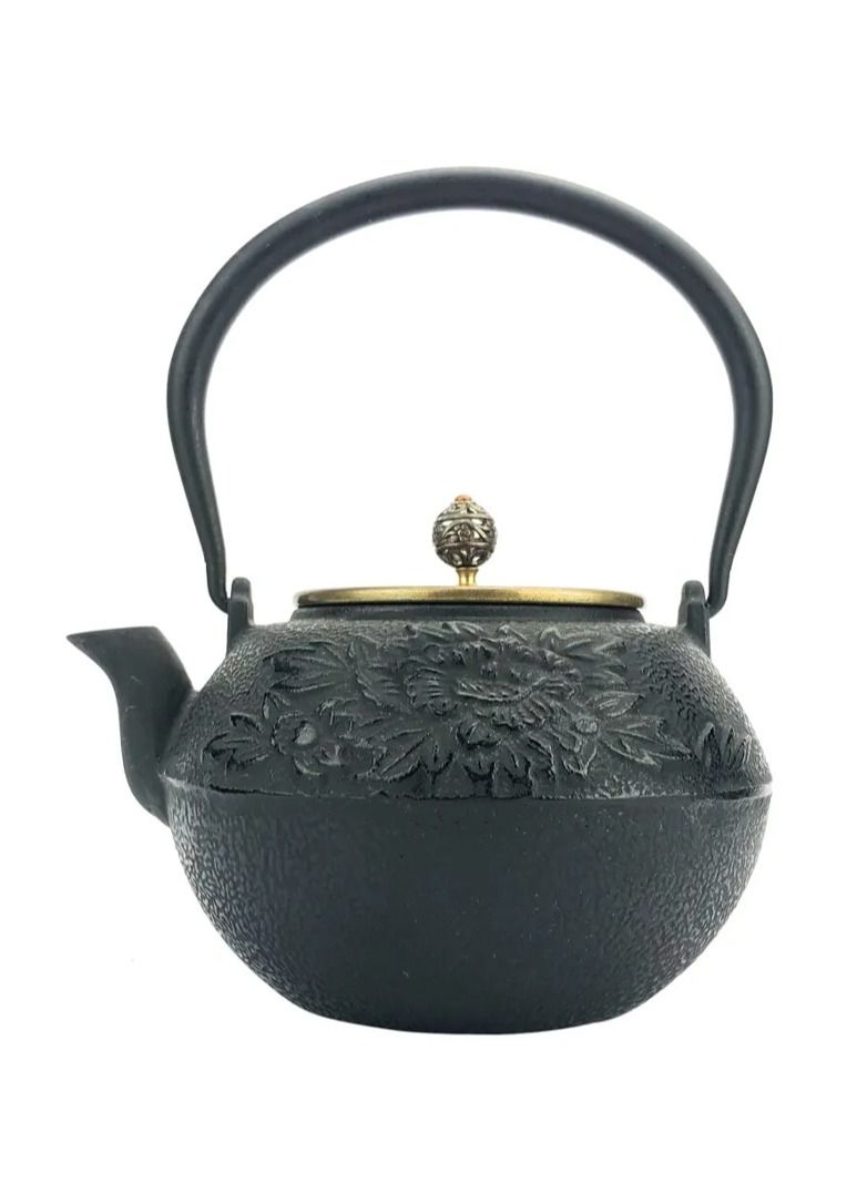 Tealand Durable Coated with Enamel Interior Cast Iron Teapot Flower  with Stainless Steel Infuser for Brewing Loose Tea Leaf (Black & Gold)  1.2 Liters - Image 1