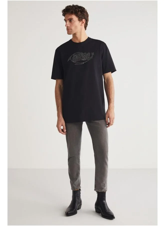 جريميلانج Grimelange Steven Men's Crew Neck Cotton Stone Embellished Black T-Shirt