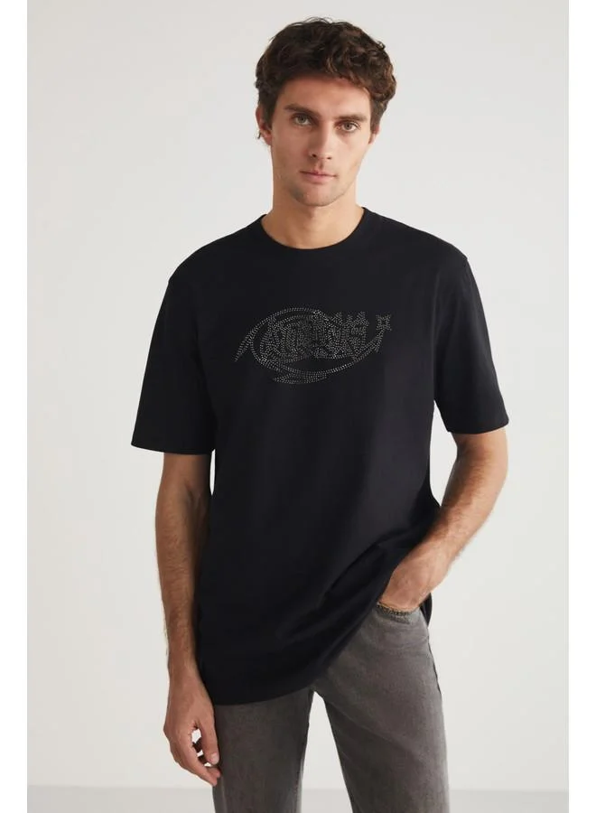 GRIMELANGE Grimelange Steven Men's Crew Neck Cotton Stone Embellished Black T-Shirt