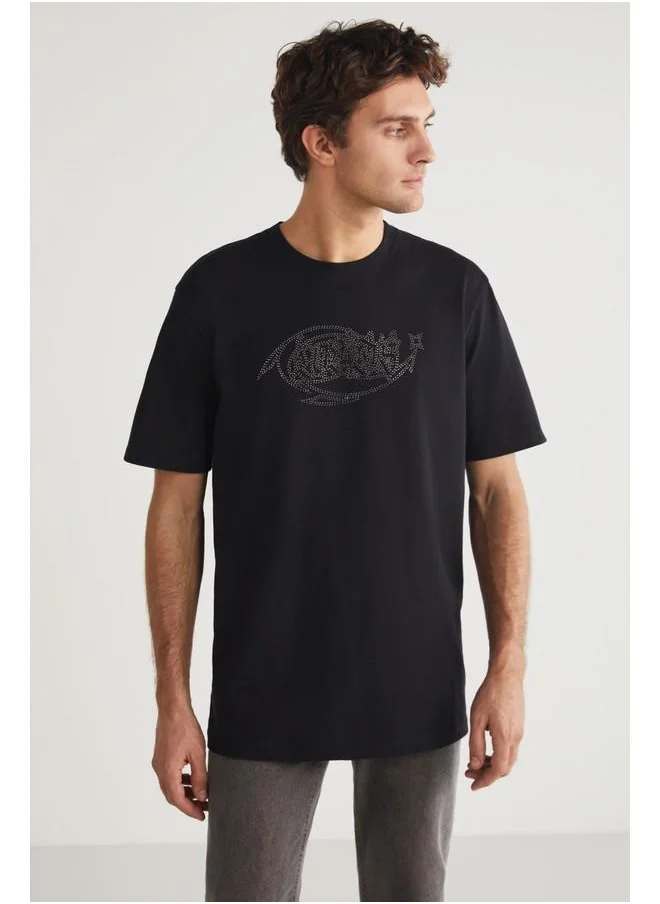 جريميلانج Grimelange Steven Men's Crew Neck Cotton Stone Embellished Black T-Shirt