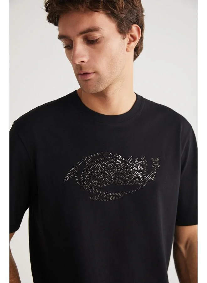 GRIMELANGE Grimelange Steven Men's Crew Neck Cotton Stone Embellished Black T-Shirt
