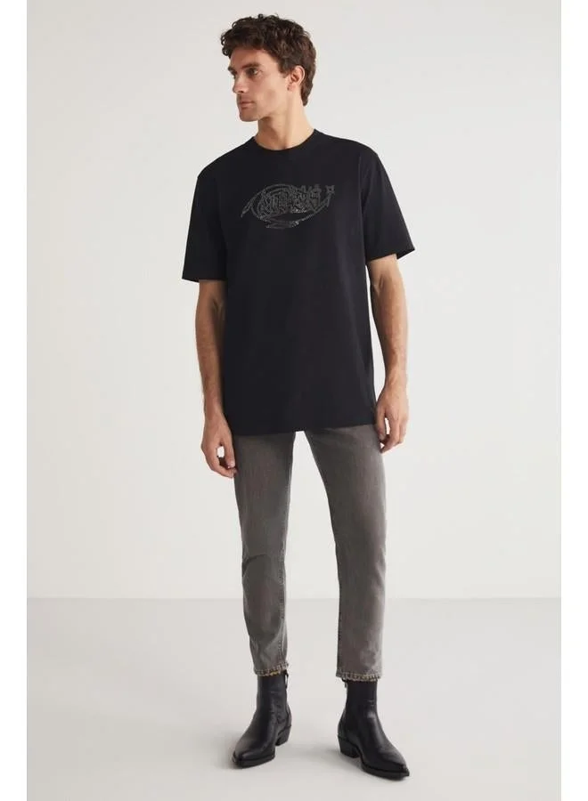 GRIMELANGE Grimelange Steven Men's Crew Neck Cotton Stone Embellished Black T-Shirt