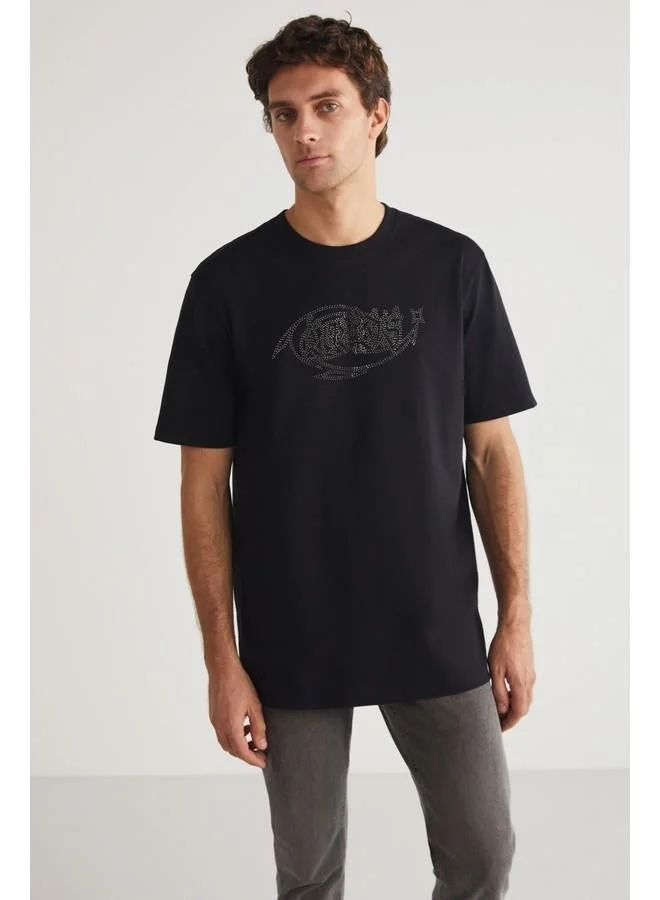 GRIMELANGE Grimelange Steven Men's Crew Neck Cotton Stone Embellished Black T-Shirt